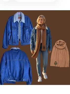 Levi's Blue Denim Jacket with White Sherpa Collar With Scarf